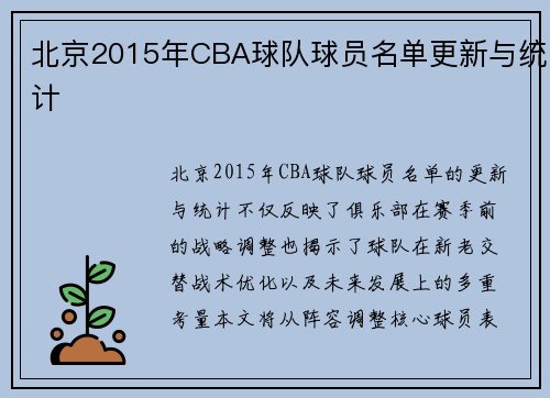 北京2015年CBA球队球员名单更新与统计